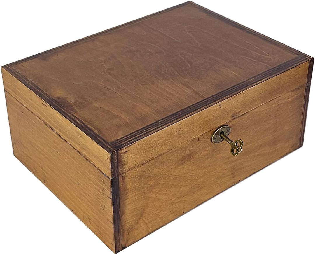 Large Wooden Box with Lock and Key, Vintage Memento Box for Men and Women, Rustic Brown Decorative & Lockable Memory Keepsake Box with Hinged Lid, Secret Lock Box, Keepsake Chest (Brown)