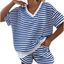 Melliflo Women 2 Piece Outfits Lounge Sets Striped Print Long Sleeve V Neck Sweatshirt and Shorts Set Sweatsuit (Blue, L)