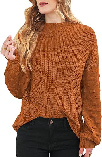 Sovoyontee Women's 2025 Fall Oversized Crewneck Long Puff Sleeve Chunky Knit Pullover Sweater Tops Size Small