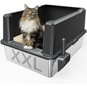 XXL Stainless Steel Cat Litter Box Extra Large 28"x20.5"x14" Metal Litter Box High Sides for Big Cats&Multiple Cats, Jumbo with lid Easy to Clean, No Odor, Anti-Urine Leakage, Non-Sticky (Gray)