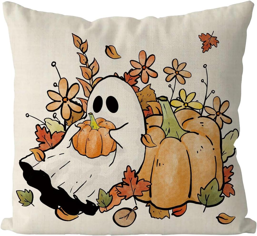 2 x GAGEC Halloween Pillow Covers 18x18 Inch Ghost Floral Throw Pillow Covers Holiday Farmhouse Fall Pillowcase Couch Cushion Case for Indoor Outdoor Home Sofa Decor