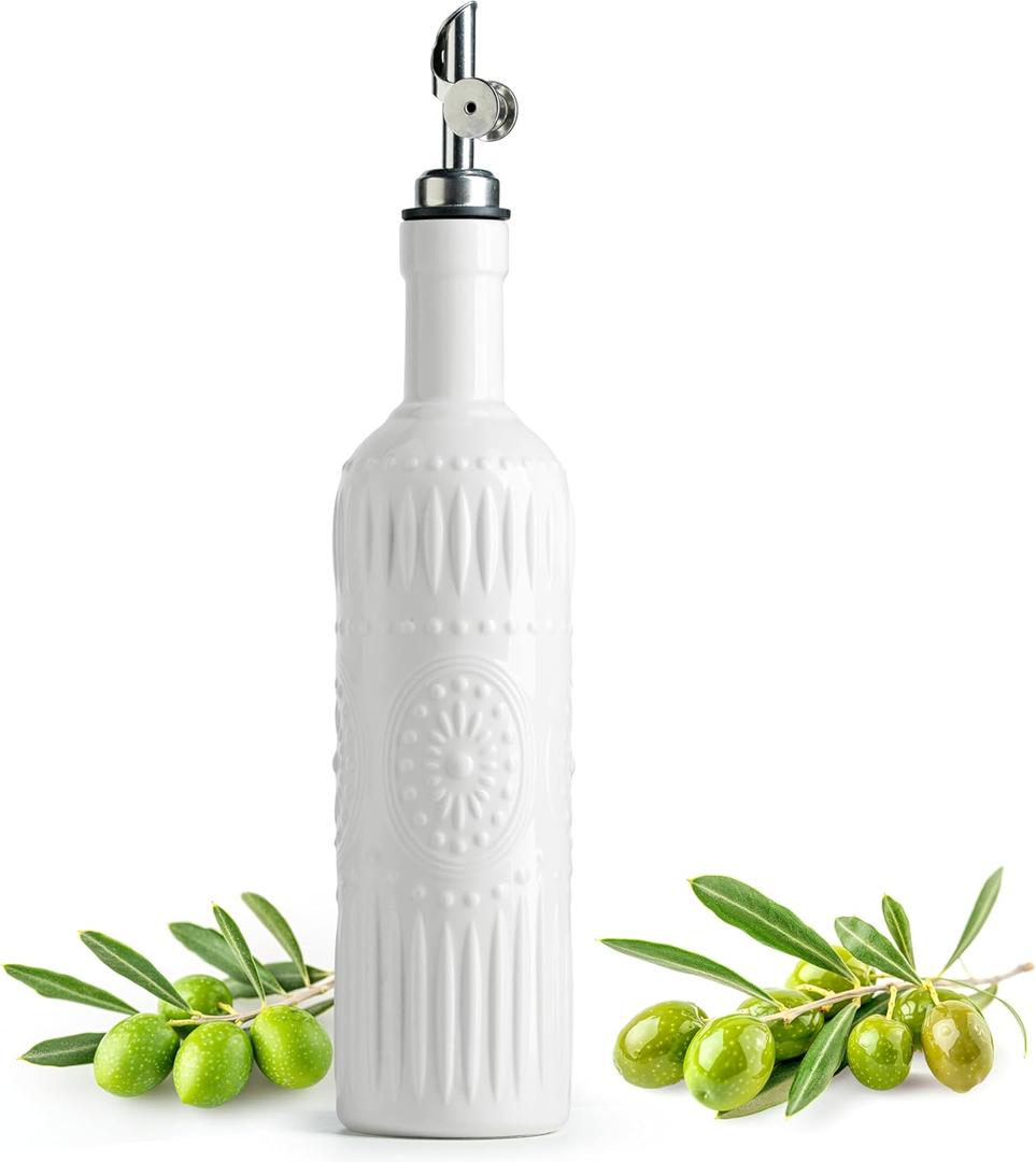 LYEOBOH Oil Dispenser for Kitchen, 17 OZ Olive Oil Dispenser Bottle with Non Drip Spout, Ceramic Vinegar Dispenser Bottle for Cooking, Soy Sauce, Coffee Syrup, Liquids, White