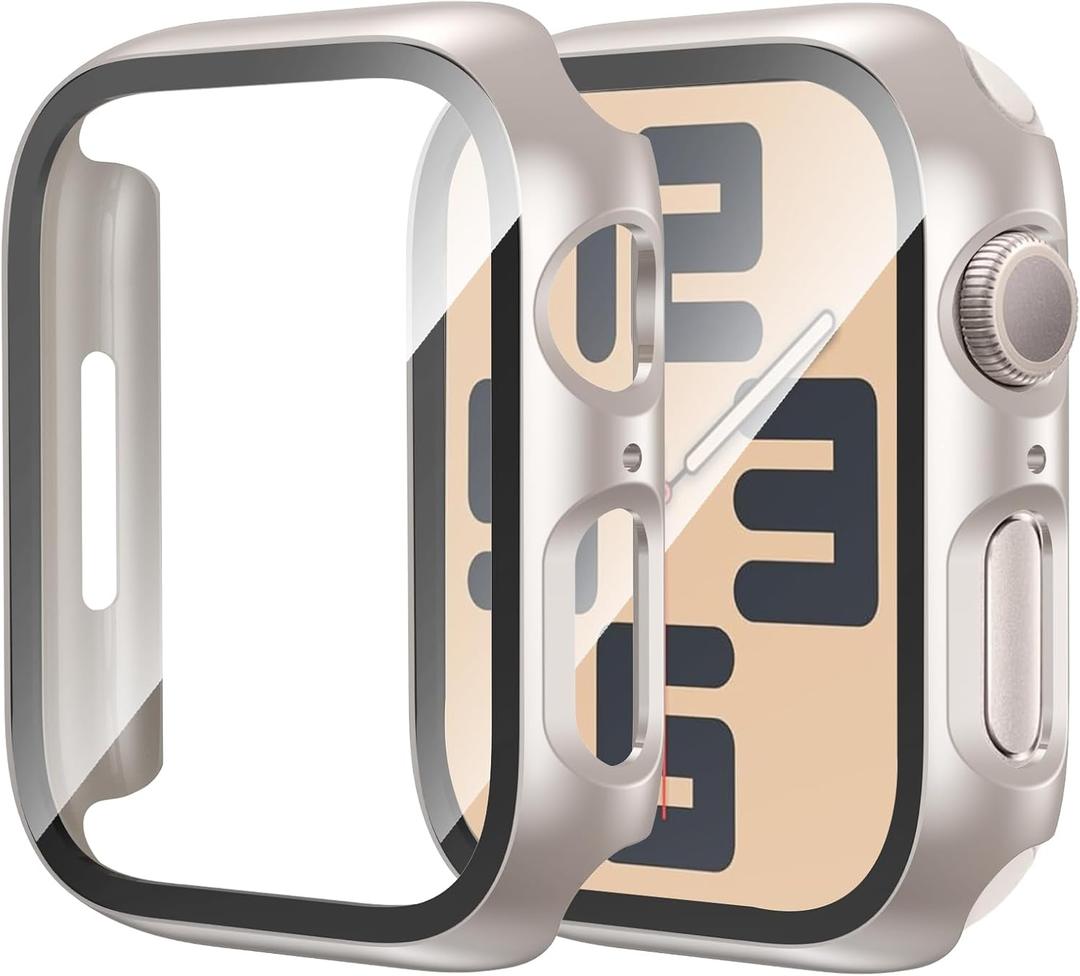 2 Pack Case for Apple Watch SE 3rd 2nd Gen Series 6/5/4/SE 40mm with Tempered Glass Screen Protector, Ultra-Thin Scratch Resistant Full Protective Bumper Cover for iWatch 40mm, Starlight