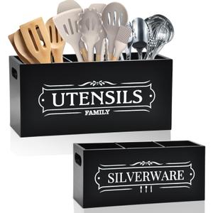Kitchen Utensil Holder Set - Extra Large Wooden Countertop Organizer for Cooking Utensils, Cutlery and Flatware, Farmhouse Kitchen Decor, Silverware Caddy for party (Black, Large)