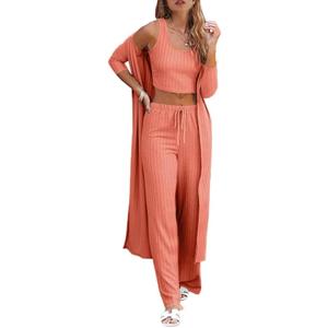 Fessceruna Womens 3 Piece Lounge Sets Pajamas Knit Long Sleeve Cardigan Crop Top Wide Leg Pants Loungewear Set (X-Small, A-pink Orange)