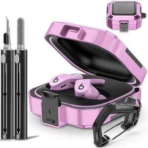 with Safety Lock for Beats Fit Pro Case Cover Protector, Carbon Fiber Material Shock-Absorbing Beats Fit Pro Earbuds Case with Keychain/Storage Box/Clean Brush/Wrist Strap - Pinkish Purple