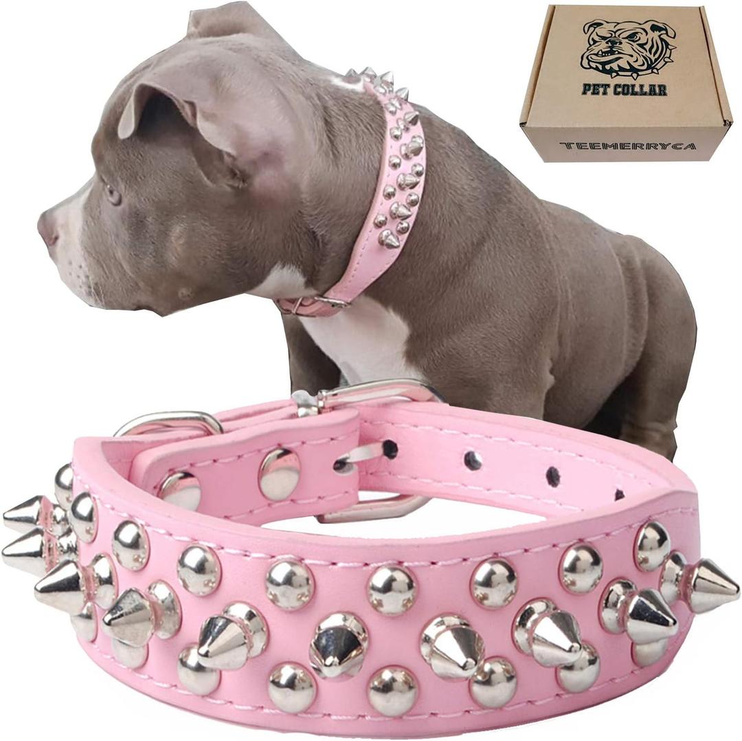 TEEMERRYCA Adjustable Leather Spiked Studded Dog Collars with a Squeak Ball Gift for Medium Large Pets Like Cats/Pit Bull/Bulldog/Pugs/Husky, Pink, M(12"-15")