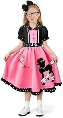 QIKUBI Girls 1950s Poodle Costume Halloween 50s Party Outfit for Kids. Size 6-8Y