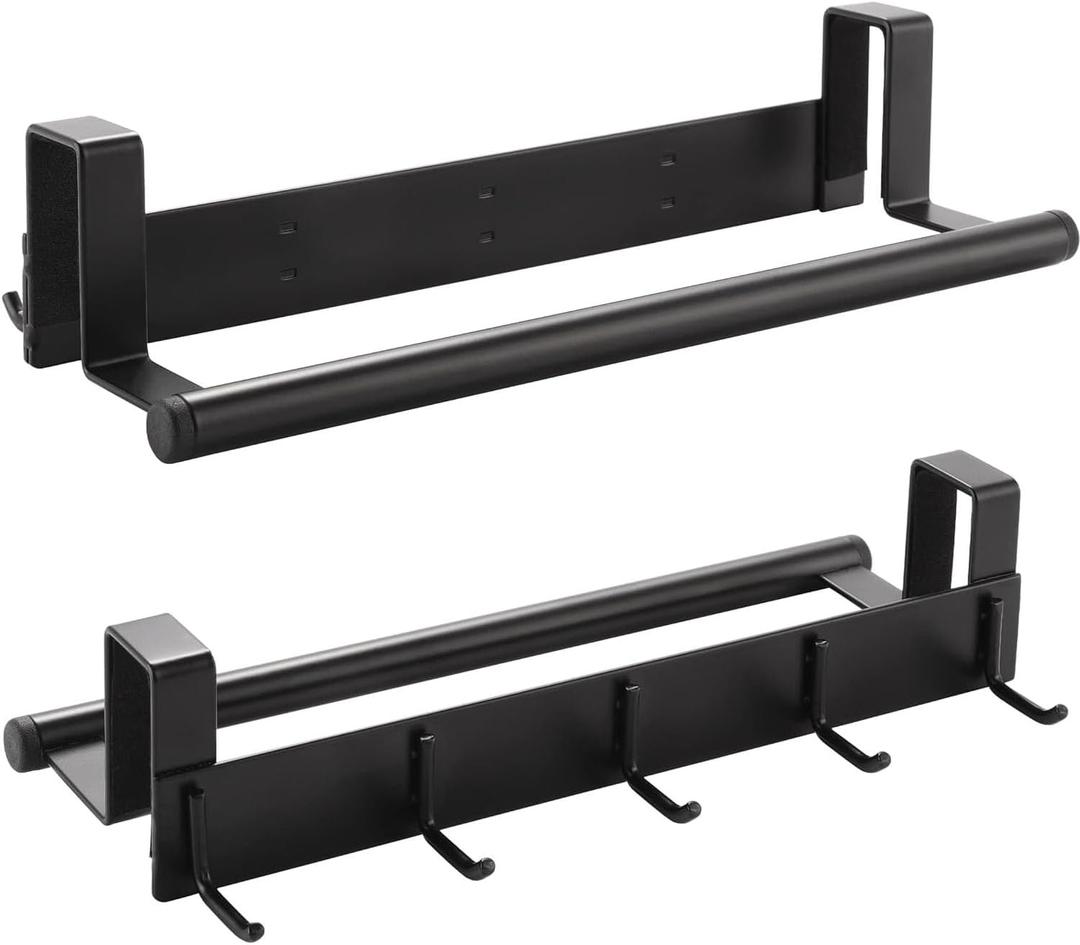 Over The Cabinet Door Towel Bar with Hooks, Kitchen Towel Holder with Hooks for Hanging Utensils, Bathroom Over The Cabinet Door Organizer with Hook 2 Pack, Matte Black