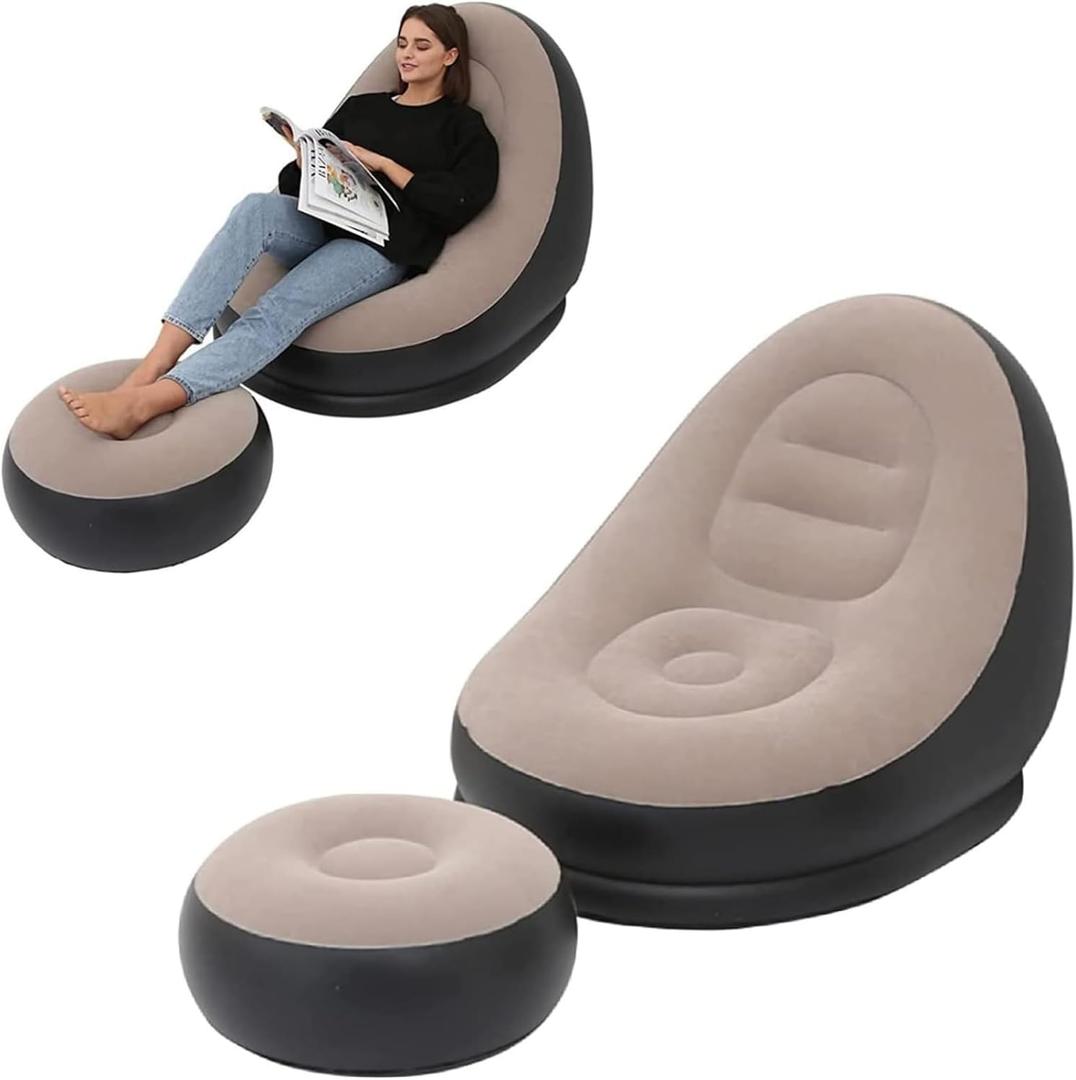 Inflatable Lounge Chair : Lazy Flocking Recliner, Air Couch Sofa for Indoor, Outdoor, Travel & Camping (No Pump)