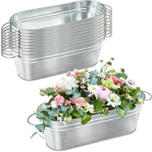 10 Pcs Galvanized Oval Planters, Galvanized Bucket Planter with Handle, Oval Metal Pails for Rustic Farmhouse Home Decor, Outdoor Party, Weddings, Gift and Storage Box