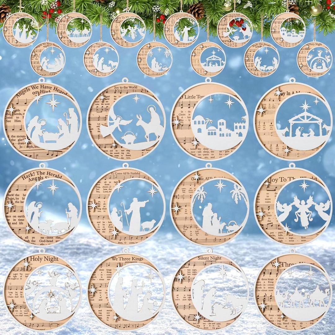 24 Pcs Christmas Nativity Ornaments Jesse Wooden Music Manger Scene Nativity Holy Family Tree Ornaments Religious Catholic Gifts The Birth of Jesus Story Decor for Christmas Tree Decor
