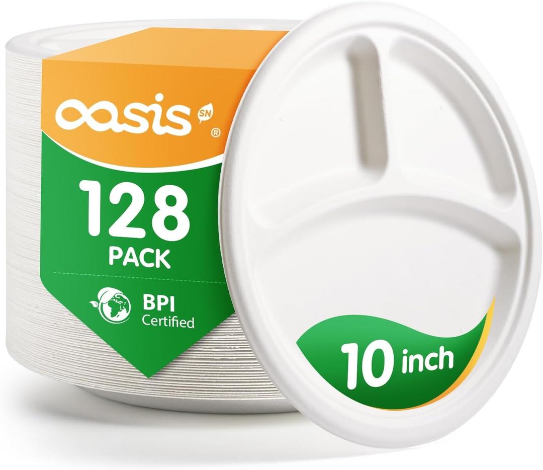 𝟭𝟬 𝗶𝗻𝗰𝗵, 𝟭𝟮𝟴-𝗣𝗮𝗰𝗸 3-Compartment Disposable Paper Plates, Compostable Heavy-Duty Divided Plates for Meal Prep, School Lunches & Party Buffets (White), 10 inch