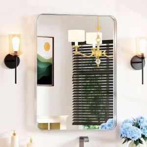 22×30 Silver Bathroom Mirror for Over Sink - Rectangular Bathroom Vanity Mirror for Wall with Rounded Corners & Metal Frame, Tempered-Glass, Modern, Farmhouse, Horizontal/ Vertical, Bedroom, Entryway