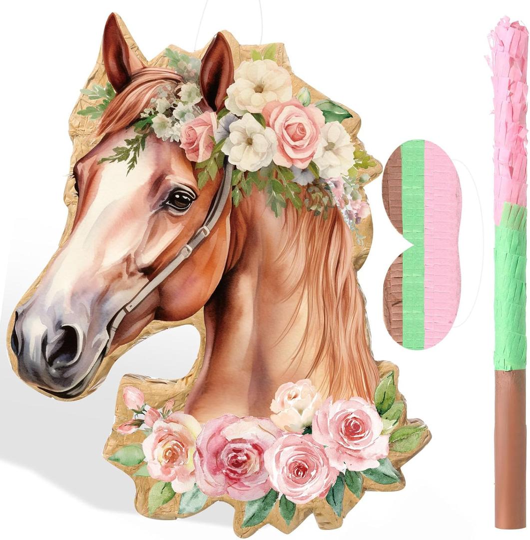 Pajean Horse Piata Decoration Cowgirl Western Piata with Stick Blindfold Photo Prop Gift Holder for Girls Kids Bridal Shower Birthday Baby Shower Horse Racing Party Decoration Supplies