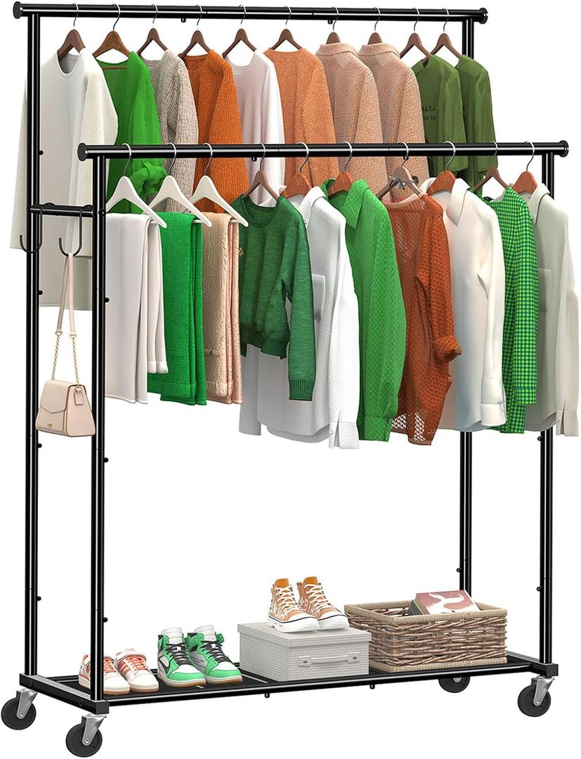Double Rod Clothing Garment Rack on Wheels, 45 Inches Clothes Rack with Mesh Bottom Shelf for Hanging Clothes, Heavy Duty Metal Maximum Capacity 400 lb, Black