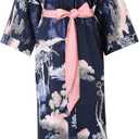 Women's Long Kimono Robe Floral Silk Robe Satin Silky Bathrobe Sleepwear Bridesmaid Wedding Robes (09 Navy-crane)