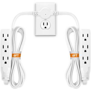 Twin Extension Cord Power Strip - 12FT Dual Extension with Flat Wall Plug, Split Extension Cord with Multiple Outlets,Double Head Outlet for Behind Bed, Couch,Indoor Flush Design(White)