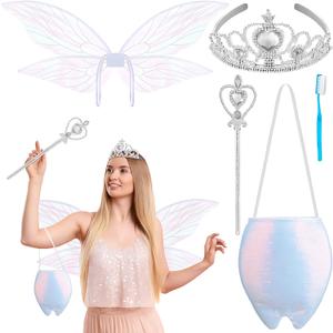 Geyoga 5 Pcs Halloween Tooth Fairy Costumes Set, Include Fairy Wing, Rhinestone Crown and Wand, Sparkling Tooth Shape Bag and Oversized Blue Toothbrush for Adults Women Cosplay Party Supplies
