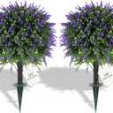 27.2" Artificial Lavender Topiary Set of 2 with Spike, Fake Plants Boxwood Balls Greenery Shrubs , Uv Resistant Artificial Push in Flowers Bushes for Outdoor Front Porch Decor, Home Faux Plants Indoor
