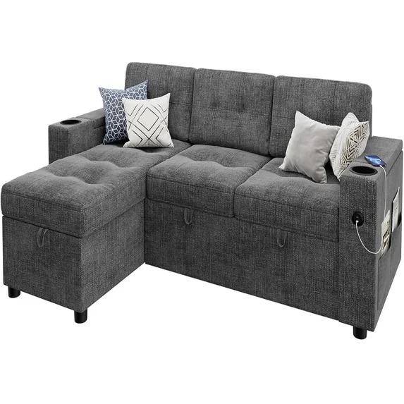 Convertible Sectional Sleeper Sofa with Storage Chaise, Pull Out Couch with Adjustable Backrest, L Shaped Couch with Charging Ports for Home, Office (Dark Gray)