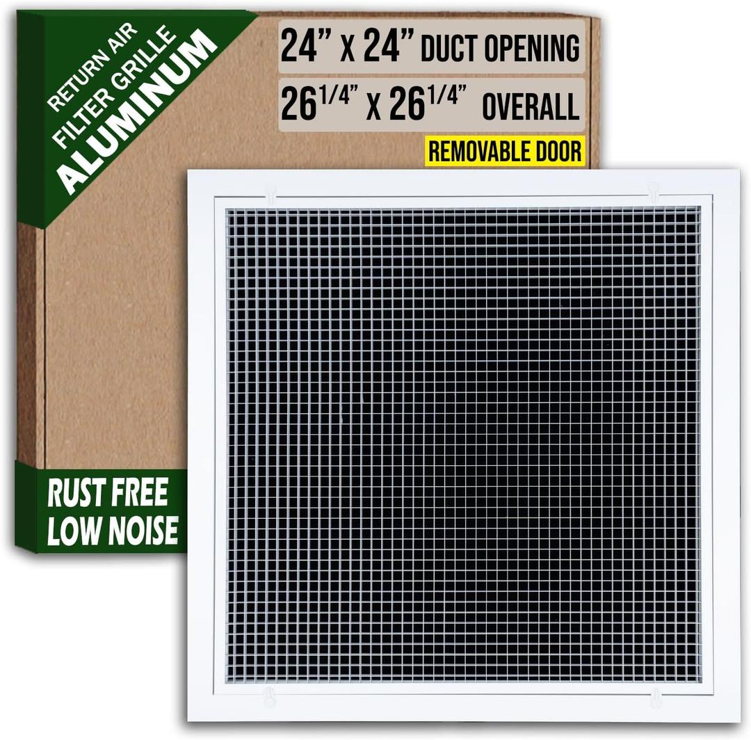 Fits 24x24 Duct Opening | Aluminum Eggcrate Return Air Filter Grille | Low Noise-High Air Flow, Rust Free Vent Cover for Sidewall&Ceiling | Rem. Door | White | Out. Dim: 26 1/4"W X 26 1/4"H