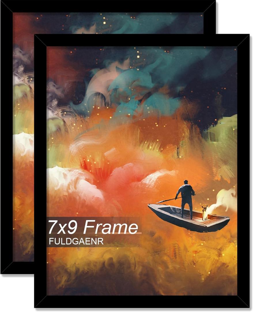 FULDGAENR 7x9 Picture Frame Set of 2, Black Frames for 7 x 9 Inch Photo Poster Certificate, High Transparency Wall/Tabletop Frame with Horizontal Vertical Display (2 Pack | Black | 7"x9")