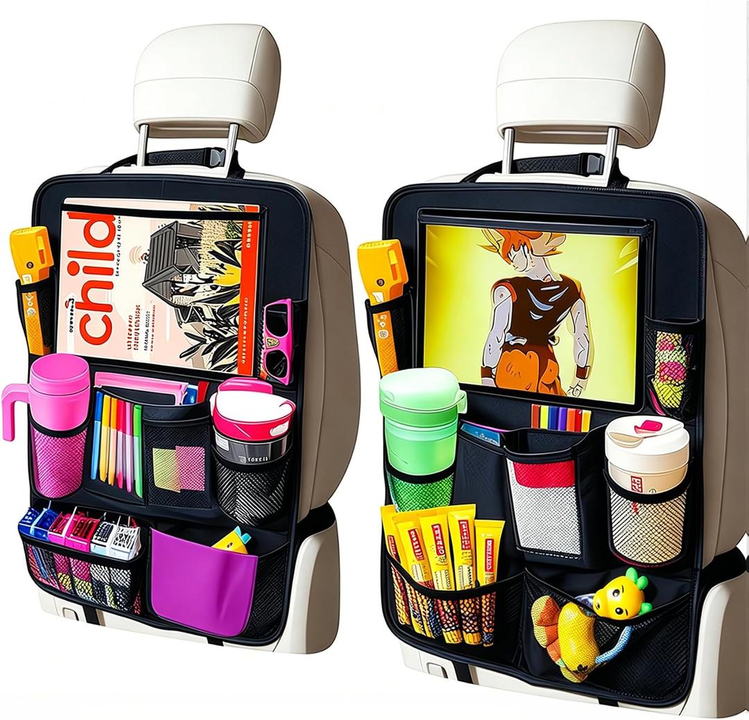 Car Organizer Kick Mats Back Seat Protector, Car Back Seat Organizer with Tablet Holder Pocket for Kids, Travel Accessories with 10 Storage Pockets, 2 Pack