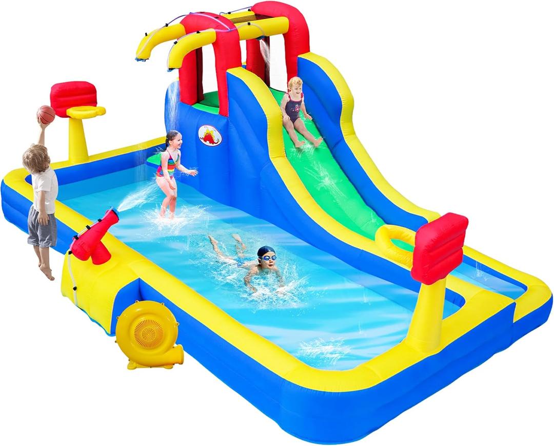 Inflatable Water Park with Blower, Bouncy Castle with Water Cannon and Double Basketball Rings