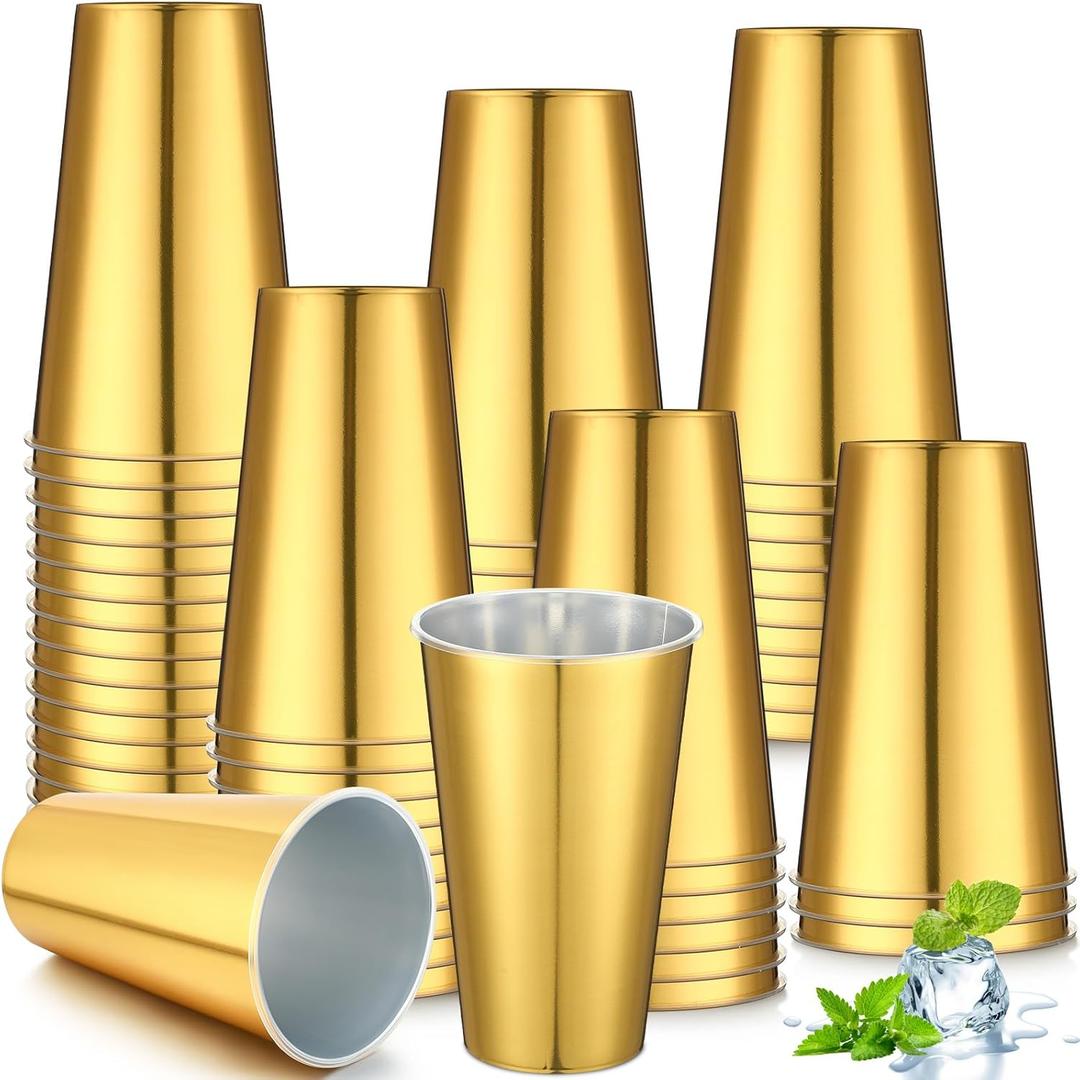 100 Pack 16 oz Disposable Plastic Cups Aluminum Party Tumbler Stackable Plastic Drinking Cups for Hot Cold Drinks Coffee Cocktail Beverage for Wedding Birthday Graduation Picnic(Gold)