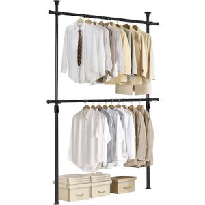 PRINCE HANGER Heavy Duty One Touch System Load 352LBS Clothing Racks for Hanging Clothes Metal Wardrobe Closet System Garment Tension Rod Free Standing Black Width Adjustable PHUS-0022