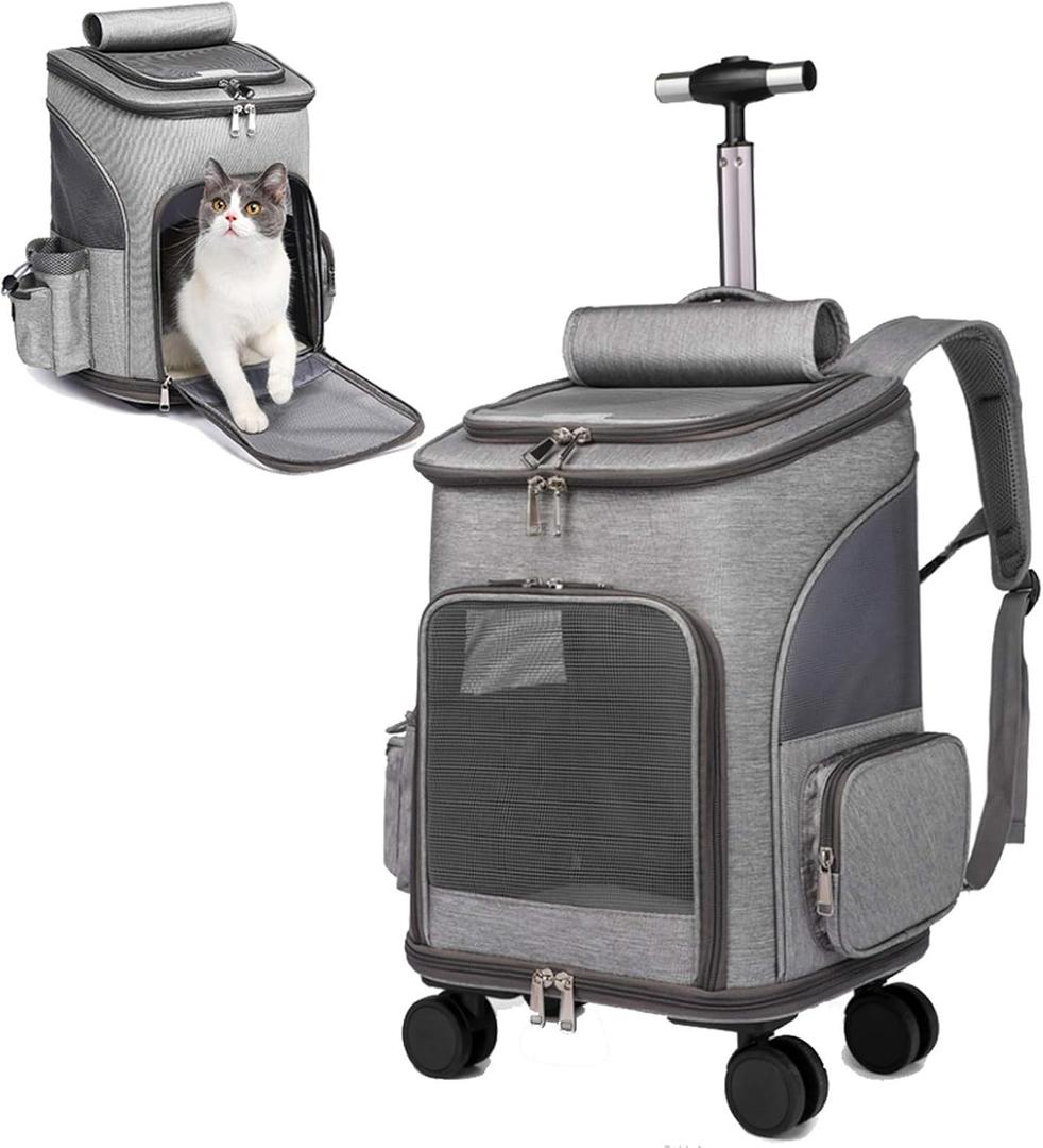 Wheeled Pet Carrier Backpack Pet Stroller, Travel Carrier, Car Seat for Small Dogs Cats Puppies, Comfort Cat Backpack Removable Rolling Wheels Mesh Ventilation Windows (Grey)