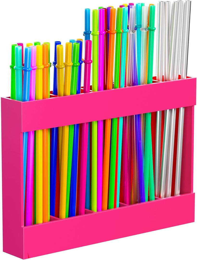 9.5" Large Acrylic Straw Holder for Cabinet Door, Reusable Straw Organizer Storge Container with Ventilation Holes for Cabinet & Countertops Super Strong Adhesive  Easy to Install (Pink)