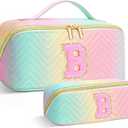 Personalized Initial Travel Makeup Bag | Trendy Girls Make up bags, Large Capacity Colorful Cosmetic Bag Organizer for Women, Leather Waterproof Open Flat Toiletry Bags for Teen friends Gifts - B