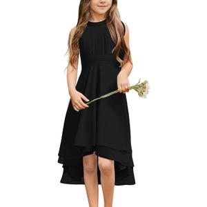 Chiffon Flowy Dresses Flower Girls Asymmetrical with Ruffles Sleveless Swing Party Gowns A-Line Dress (Black) 11-12Years 