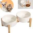 Elevated Ceramic Dog Bowl Set - Raised Feeding Bowls with Non-Slip Bamboo Stand - Small Pet Dishes for Food and Water - Ideal for Cats and Puppies - 16.23 OZ - 2 Cups - 480 ML (White)