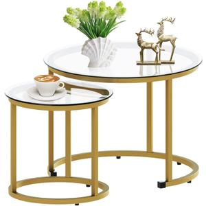 aboxoo Gold Nesting Coffee Table Set of 2, Small Glass Round Nesting Tables for Living Room Bedroom, Accent Tea Table with Metal Frame Modern Industrial Simple