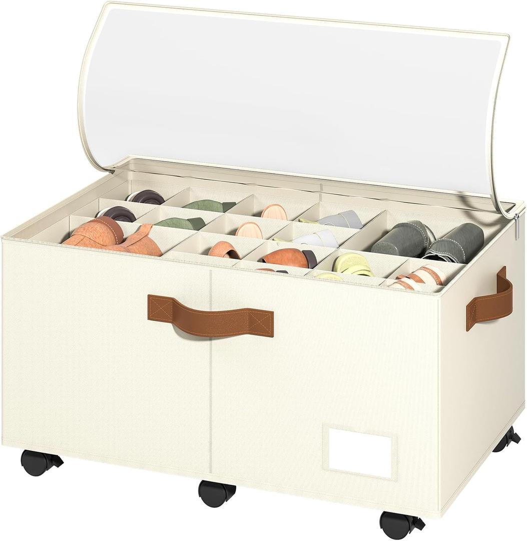 Foyego Shoe Organizer for Closet, Shoe Storage Organizer with Wheels and Adjustable Dividers, Stackable Shoe Storage Box with Clear Cover, Foldable Closet Shoe Organizer Fits up to 24-48 Pairs, Beige