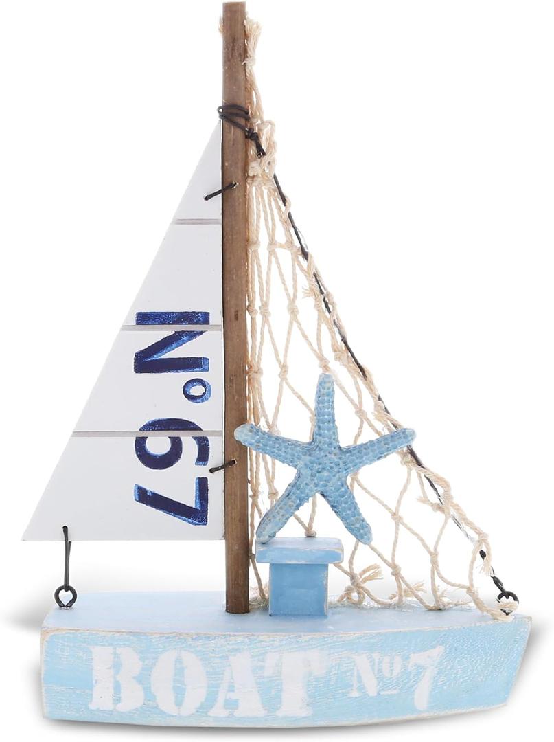 CoTa Global Blue Mist Sailboat Decor Handmade Wooden Boat Decor, Cute Beach Style Model Sail Boat Decorations, Nautical Themed Table Top Decor Living Room Centerpiece - 8 Inch