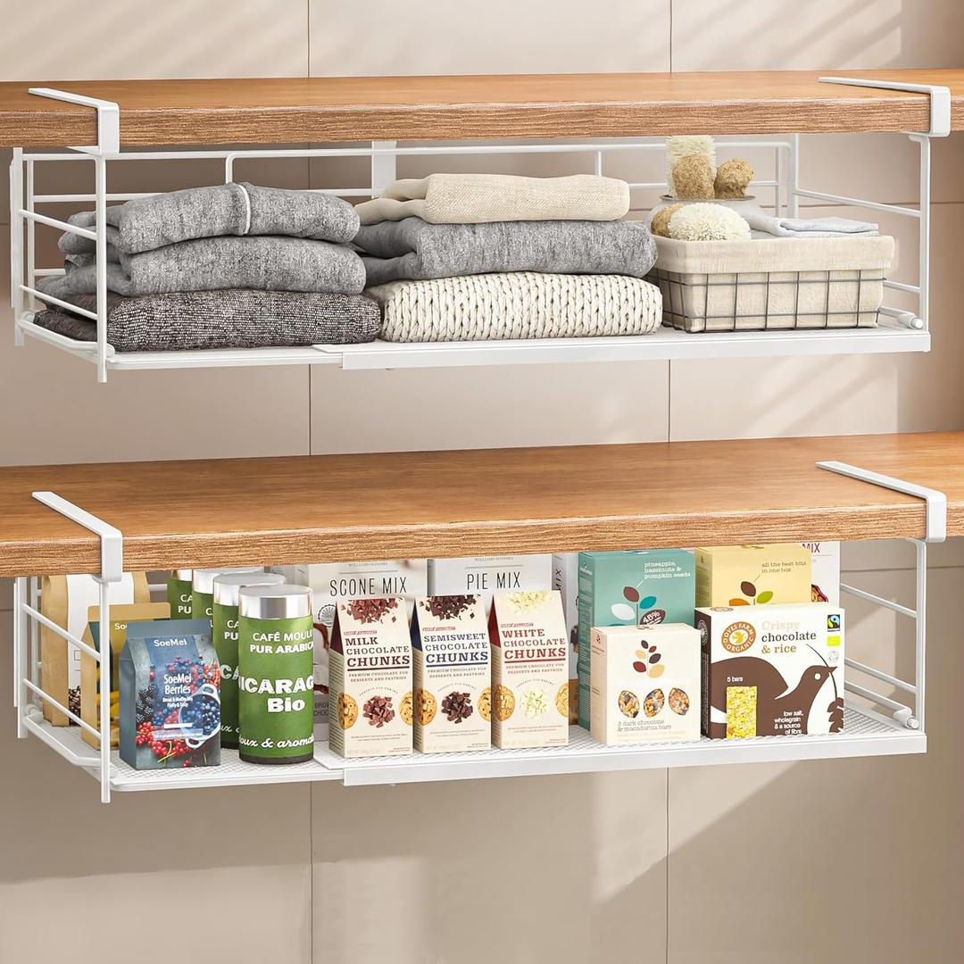 Expandable Under Cabinet Shelf, Extendable Under Shelf Storage with Removable Wire-Like Back for Pantry Cabinet, Laundry Room, Shoe Rack. (White, 2 Pack, Interior: 5" H x 10" D)