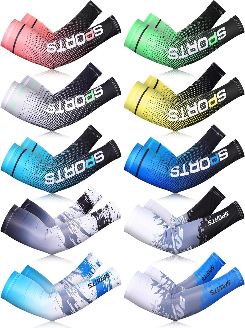 10 Pairs Sun Protection UV Arm Sleeves Cooling Anti Slip Compression Sleeves Sports Polyester Cycling Covers (Large, Classic Style)