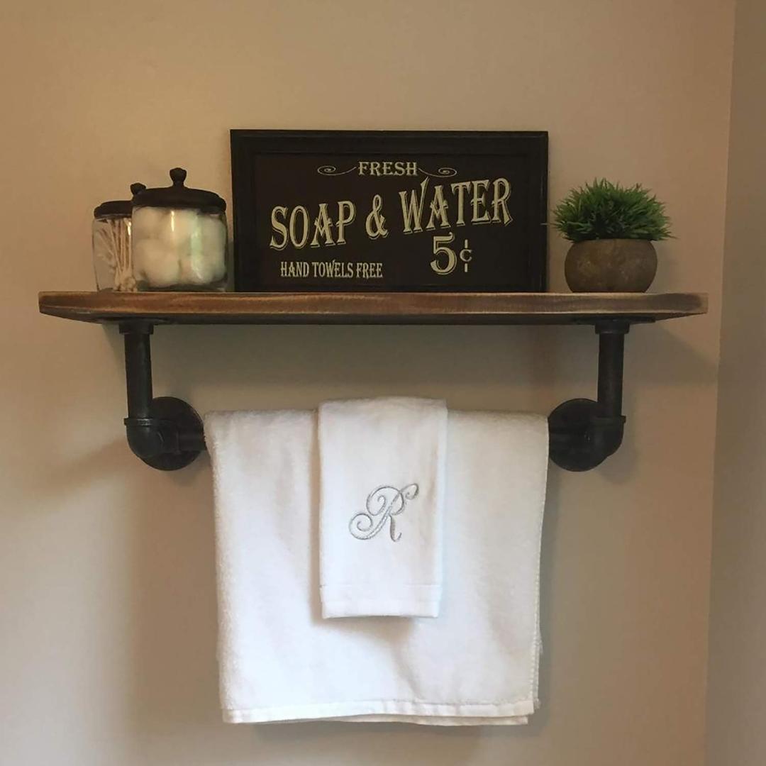 MBQQ 1 Tier Shelving Bathroom Pipe Shelves with Towel Bar Over Toilet, 24 inch Pine Wood Floating Shelves for Wall Mounted Bedroom,Kitchen, Farmhouse, Living Room