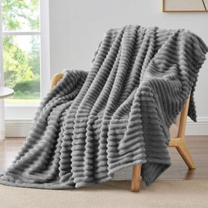 BEDELITE Fleece Throw Blanket for Couch - 300GSM Soft & Warm Fluffy Grey Blanket, Decorative and Giftable Striped Blankets for Women, Men, 50"x70", Throw XL