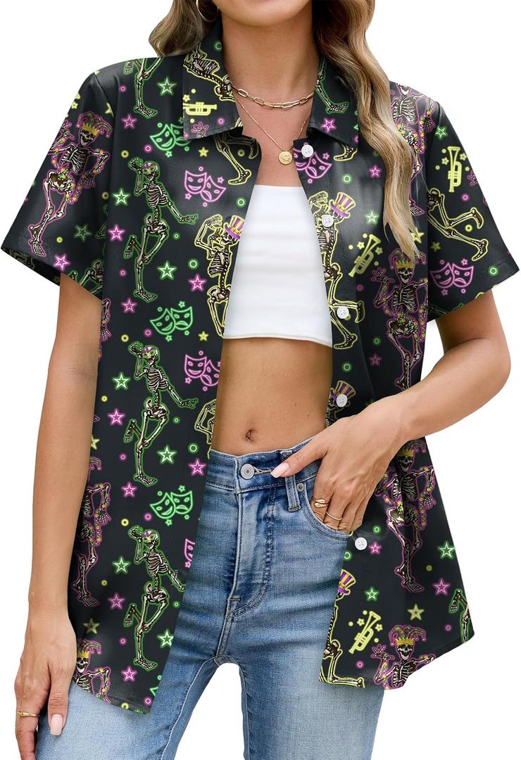 Fat Tuesday Shirts for Women Fat Tuesday Party Outfit Button Up New Orleans Themed Party Short Sleeve Tops (XXL)