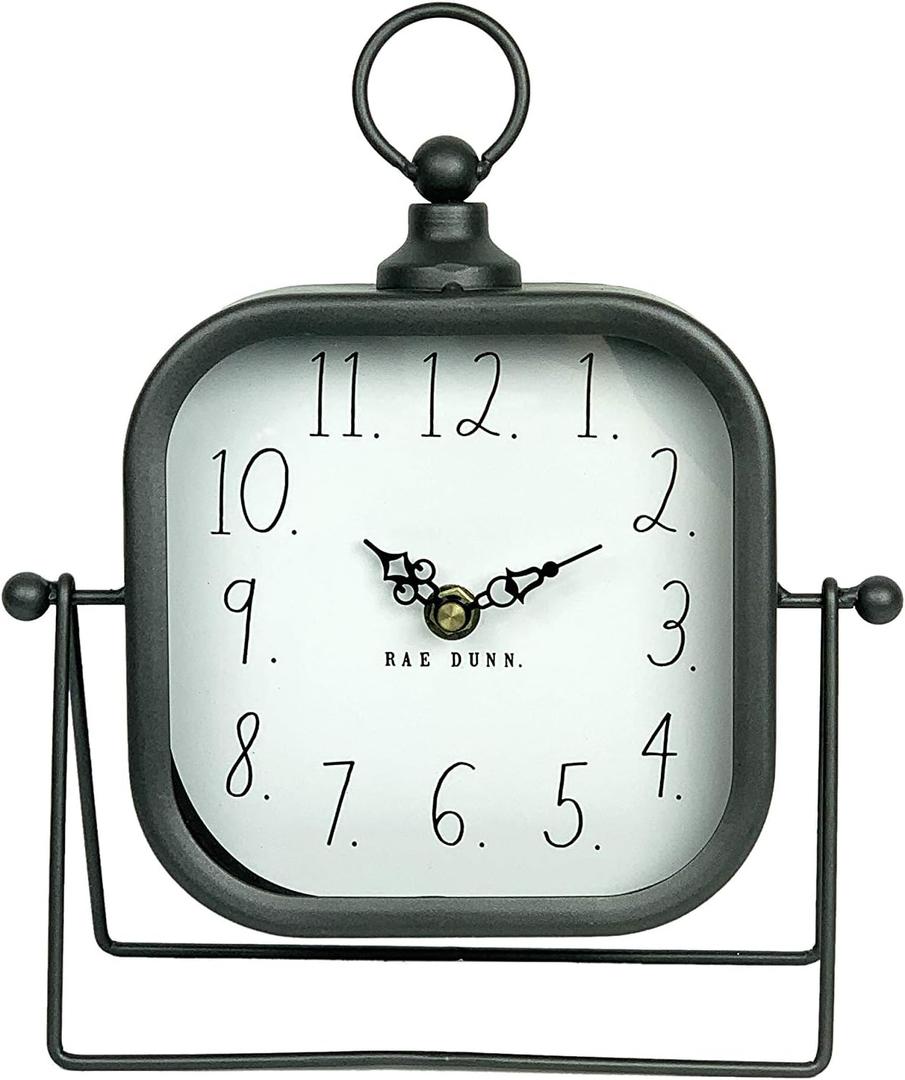 Rae Dunn Desk Clock - Battery Operated Modern Metal Rustic Design with Top Loop for Bedroom, Office, Kitchen - Small Classic Analog Display - Chic Home Dcor for Desktop Table, Countertop