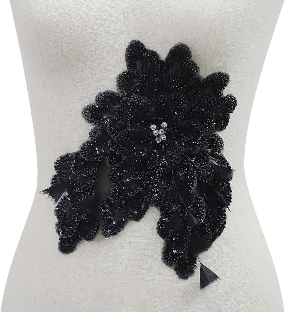 Beaded Appliques Handcrafted Sequin Clothing Accent 3D Lace Beads Flower Patches Sew on Tiny Sparkling Floral Accessory DIY Sequin Craft (Bead Black)