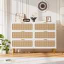 GarveeHome Rattan 6 Drawer Dressers for Bedroom, Large Double Dresser with Deep Drawers, Chest of Drawers for Closet with Wide Top, Long Wooden Dresser for Living Room, Hallway, Kids Room, White
