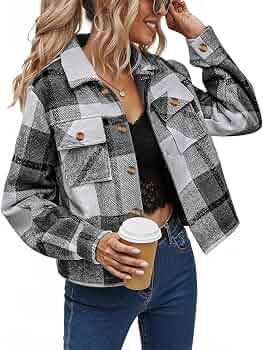 NILOINE Womens Flannels Cropped Shacket Plaid Jacket, Medium