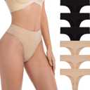 Fondtec Womens Seamless No Show Thong Underwear, High Waisted G-String, Cotton Gusset, Breathable Stretch, 6 Pack, Black/Nude, Large