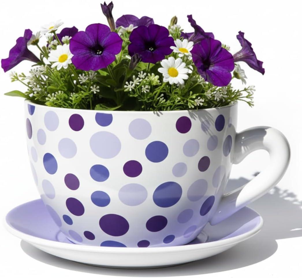 7.5 Round Ceramic Teacup Planter with Saucer Purple Polka Dot Design Pot for Succulents, Orchid, Herbs & Indoor Houseplant/Flowers for Mother's Day